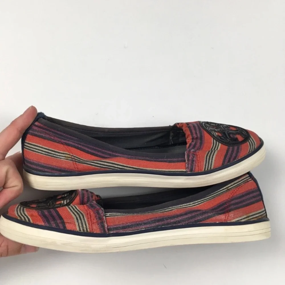 Tory Burch Raymond‎ Canvas Striped Flats Monogram Logo Shoes Women’s Sz 6.5
